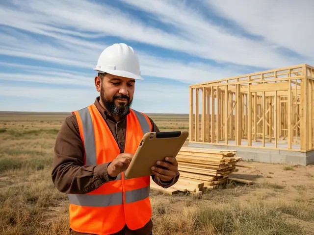 Man in white hard hat and orange safety vest reviews a tablet beside new timber framing on open prairie