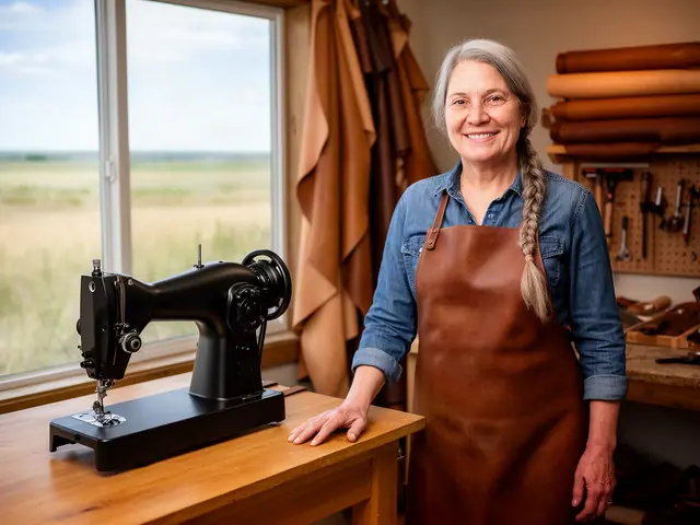 Woman in denim shirt and leather apron stands beside a black industrial sewing machine in a leather workshop