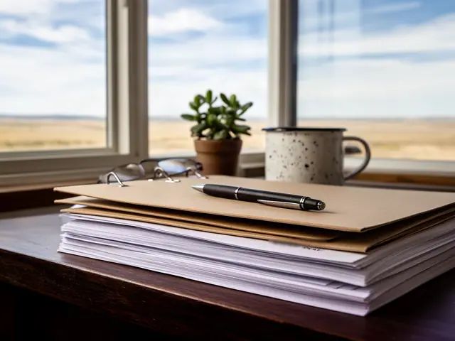 A stack of papers under kraft folders with a pen, reading glasses, enamel mug and jade plant by a prairie window.