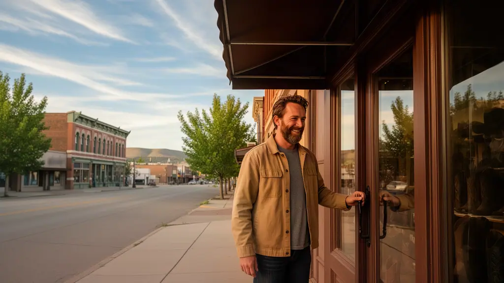 A smiling bearded man in a canvas jacket opens the door of his shop on a wide street of Victorian brick buildings.