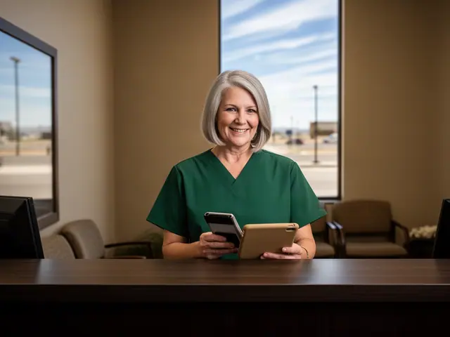 A smiling office manager in green scrubs holds a tablet and a phone behind a reception counter.