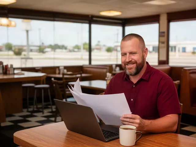 A smiling man in a red shirt reviews papers beside a laptop and coffee in an empty diner.