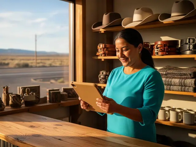 Woman in turquoise top reviews a tablet behind a pine counter with cowboy hats, belts and blankets on shelves