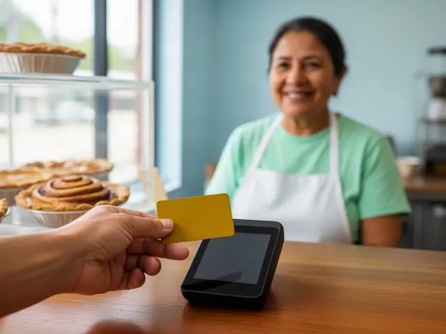 Hand holds a yellow card over a black countertop card terminal while a smiling bakery owner waits behind